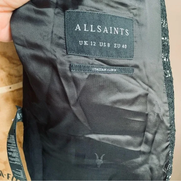 All Saints Astrid Black and White Check tweed Double breasted Blazer, 8 - Picture 6 of 11